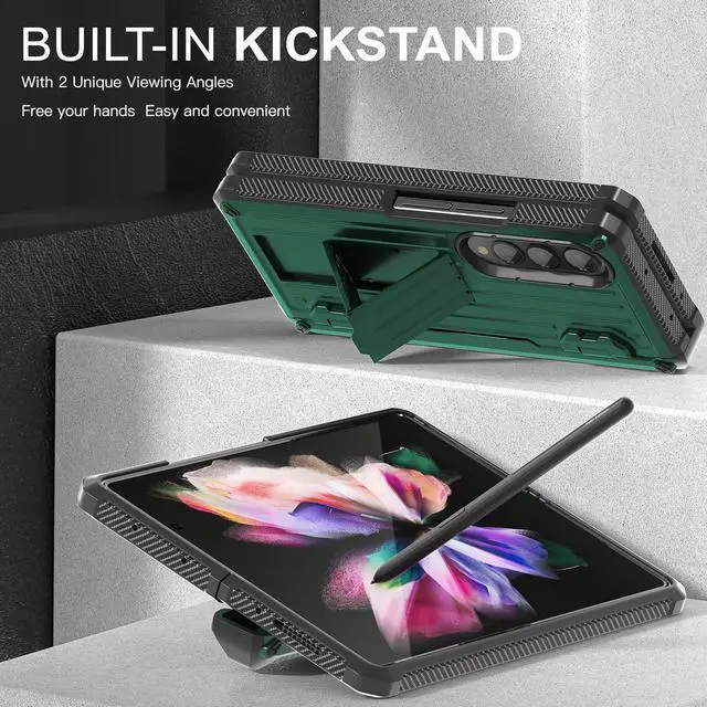 Alt view image 2 of 7 - Case for Samsung Galaxy Z Fold 3 5G 2021, Military-Grade Full-Body Shockproof Rugged Bumper Case Cover with Built-in Screen Protector & Kickstand & S Pen Slot Army Green