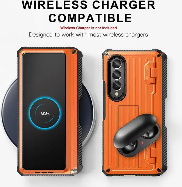 Alt view image 5 of 7 - Case for Samsung Galaxy Z Fold 3 5G 2021, Military-Grade Full-Body Shockproof Rugged Bumper Case Cover with Built-in Screen Protector & Kickstand & S Pen Slot Orange