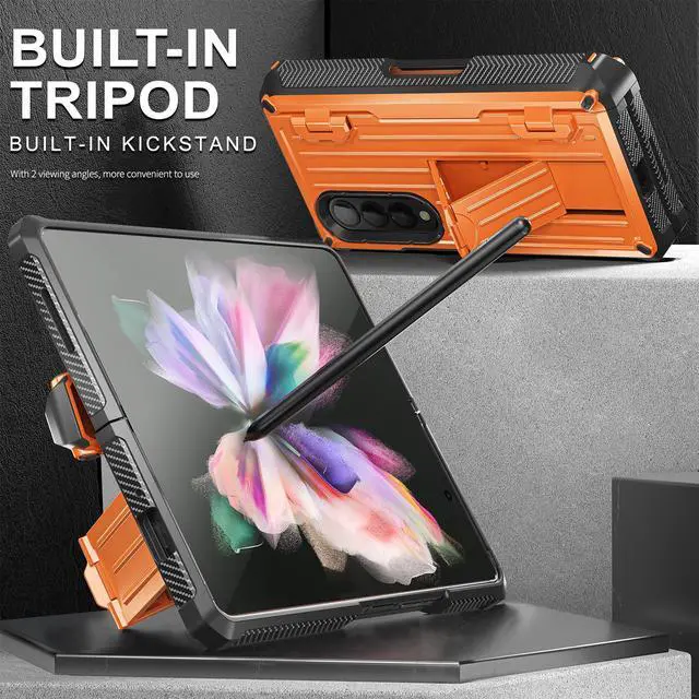 Alt view image 4 of 7 - Case for Samsung Galaxy Z Fold 3 5G 2021, Military-Grade Full-Body Shockproof Rugged Bumper Case Cover with Built-in Screen Protector & Kickstand & S Pen Slot Orange