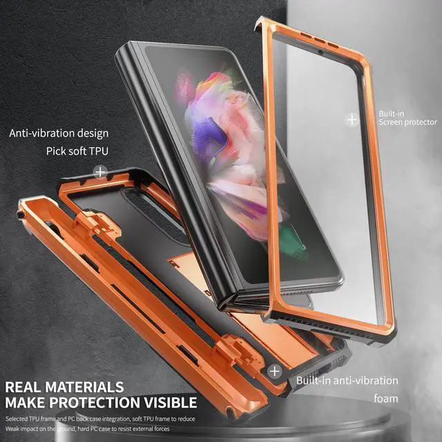 Alt view image 3 of 7 - Case for Samsung Galaxy Z Fold 3 5G 2021, Military-Grade Full-Body Shockproof Rugged Bumper Case Cover with Built-in Screen Protector & Kickstand & S Pen Slot Orange