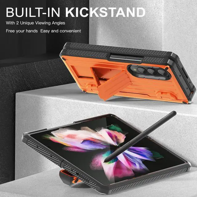 Alt view image 2 of 7 - Case for Samsung Galaxy Z Fold 3 5G 2021, Military-Grade Full-Body Shockproof Rugged Bumper Case Cover with Built-in Screen Protector & Kickstand & S Pen Slot Orange