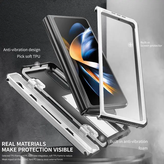 Alt view image 3 of 7 - Case for Samsung Galaxy Z Fold 4 2022 5G, Military-Grade Full-Body Shockproof Rugged Bumper Case Cover with Built-in Screen Protector & Kickstand & S Pen Slot White