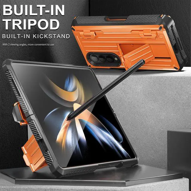 Alt view image 4 of 7 - Case for Samsung Galaxy Z Fold 4 2022 5G, Military-Grade Full-Body Shockproof Rugged Bumper Case Cover with Built-in Screen Protector & Kickstand & S Pen Slot Orange