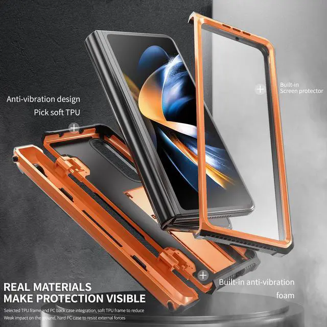 Alt view image 3 of 7 - Case for Samsung Galaxy Z Fold 4 2022 5G, Military-Grade Full-Body Shockproof Rugged Bumper Case Cover with Built-in Screen Protector & Kickstand & S Pen Slot Orange