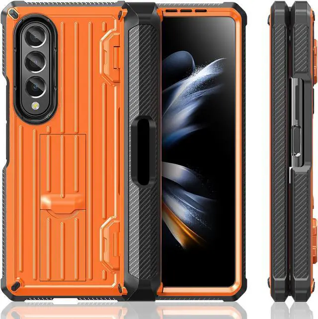 Alt view image 6 of 7 - Case for Samsung Galaxy Z Fold 4 2022 5G, Military-Grade Full-Body Shockproof Rugged Bumper Case Cover with Built-in Screen Protector & Kickstand & S Pen Slot Orange