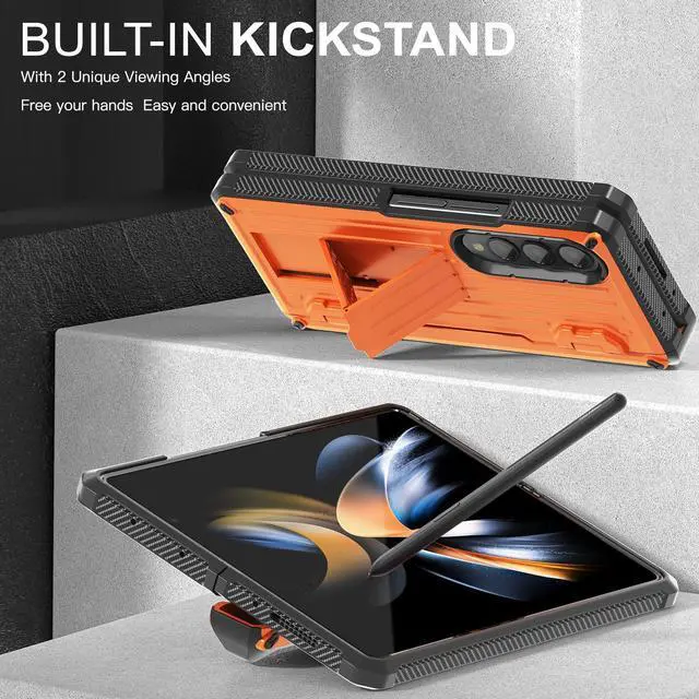 Alt view image 2 of 7 - Case for Samsung Galaxy Z Fold 4 2022 5G, Military-Grade Full-Body Shockproof Rugged Bumper Case Cover with Built-in Screen Protector & Kickstand & S Pen Slot Orange