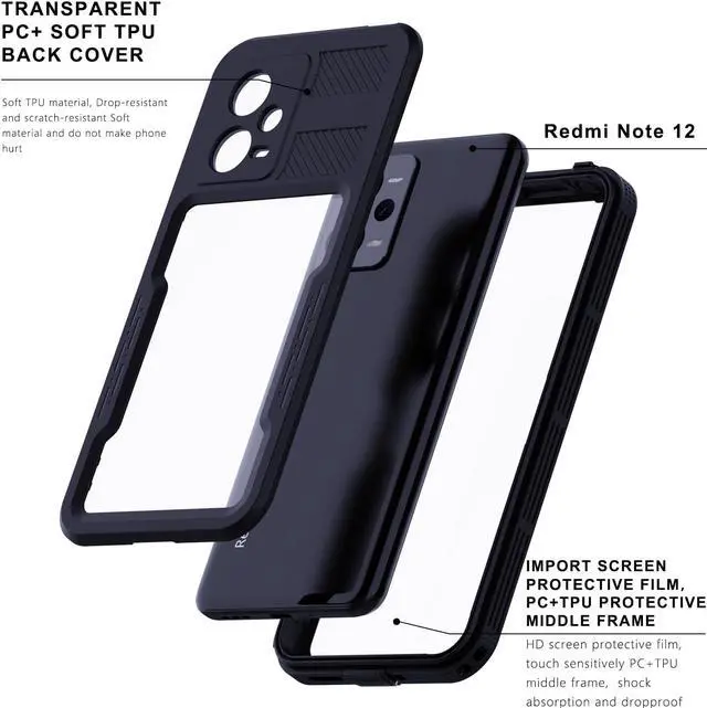 Alt view image 3 of 7 - Waterproof Case for Xiaomi Redmi Note 12 5G, IP68 Waterproof 360 Degree Full Body Protection Protective Case Shockproof Heavy Duty Cover with Built-in Screen Protector