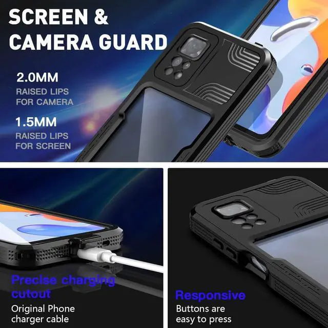 Alt view image 3 of 7 - XiaoMi RedMi Note 11 Pro 4G / 5G Waterproof Case, [Fingerprint Unlock] IP68 Certified Rugged Full Body Underwater Dustproof Shockproof Heavy Duty Protective Cover with Screen Protector Wrist Strap