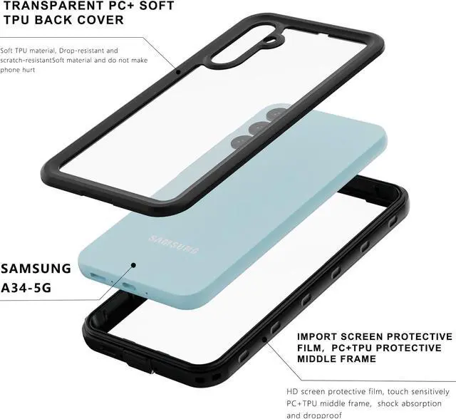 Alt view image 4 of 7 - Compatible for Samsung Galaxy A34 5G Case Waterproof, Built-in HD Clear Screen Protector, 360 Degree Full Shockproof Bumper, Professional Waterproof Case Cover for Galaxy A34 5G 2023