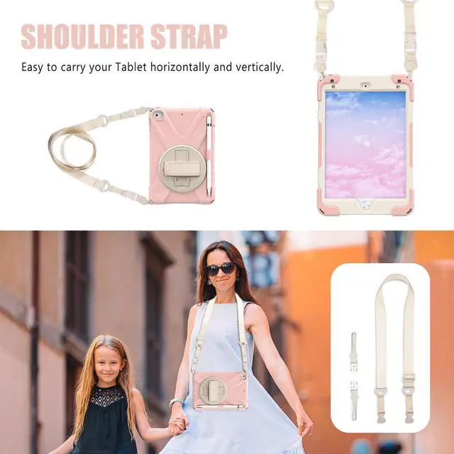 Alt view image 4 of 5 - iPad Mini 5 Case 2019 iPad Mini 4 Case with Pencil Holder Shockproof 360 Degree Rotation Cover with Kickstand Hand Strap Shoulder Strip Protective Case for iPad Mini 5th iPad Mini 4th Generation Pink