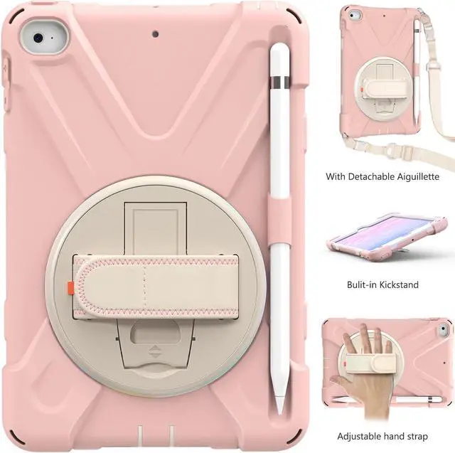 Alt view image 3 of 5 - iPad Mini 5 Case 2019 iPad Mini 4 Case with Pencil Holder Shockproof 360 Degree Rotation Cover with Kickstand Hand Strap Shoulder Strip Protective Case for iPad Mini 5th iPad Mini 4th Generation Pink