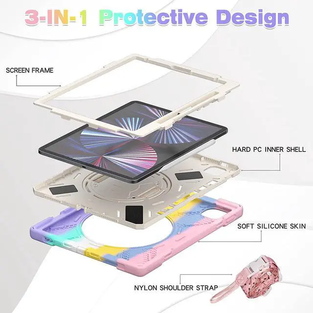 Alt view image 7 of 7 - Case for Apple iPad Pro 12.9 Inch 2022 2021 2020 2018 6th/5th/4th/3th Generation, Heavy Duty Shockproof Case with Pencil Holder, Shoulder Strap, Hand Strap, Kickstand