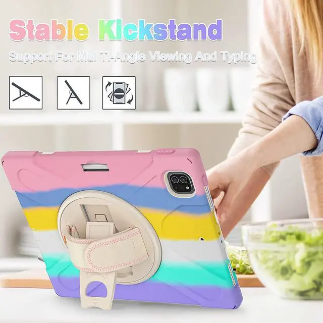 Alt view image 5 of 7 - Case for Apple iPad Pro 12.9 Inch 2022 2021 2020 2018 6th/5th/4th/3th Generation, Heavy Duty Shockproof Case with Pencil Holder, Shoulder Strap, Hand Strap, Kickstand