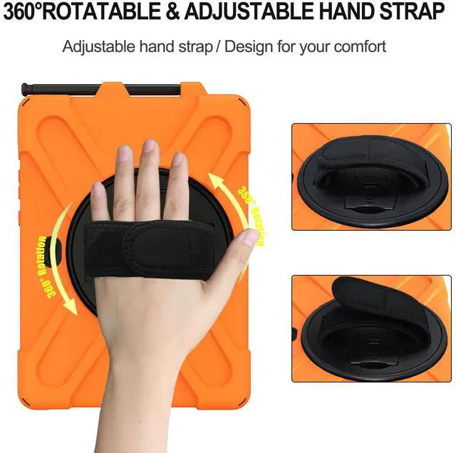 Alt view image 4 of 7 - For Galaxy Tab Active4 Pro 2022/Tab Active Pro 2019 10.1 Inch Case Model SM-T630/T638/T540/T547 with S Pen Holder, Rotating Kickstand, Hand/Shoulder Strap, Shockproof Protective Cover Orange
