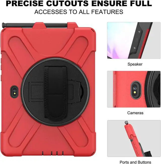 Alt view image 3 of 7 - For Galaxy Tab Active4 Pro 2022/Tab Active Pro 2019 10.1 Inch Case Model SM-T630/T638/T540/T547 with S Pen Holder, Rotating Kickstand, Hand/Shoulder Strap, Shockproof Protective Cover Red