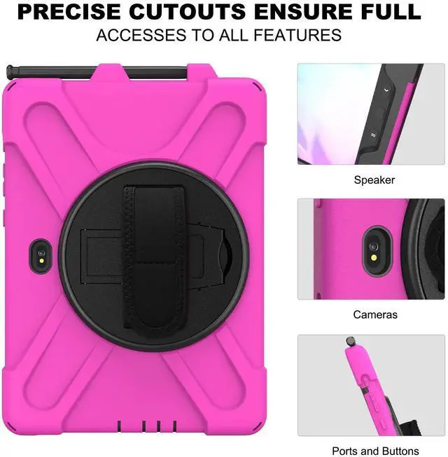 Alt view image 4 of 7 - For Galaxy Tab Active4 Pro 2022/Tab Active Pro 2019 10.1 Inch Case Model SM-T630/T638/T540/T547 with S Pen Holder, Rotating Kickstand, Hand/Shoulder Strap, Shockproof Protective Cover Rose Red