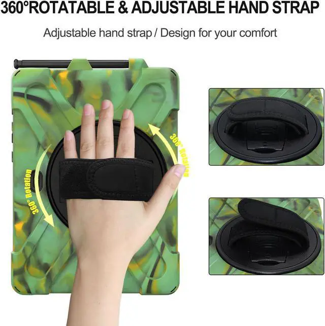 Alt view image 4 of 7 - For Galaxy Tab Active4 Pro 2022/Tab Active Pro 2019 10.1 Inch Case Model SM-T630/T638/T540/T547 with S Pen Holder, Rotating Kickstand, Hand/Shoulder Strap, Shockproof Protective Cover Camo
