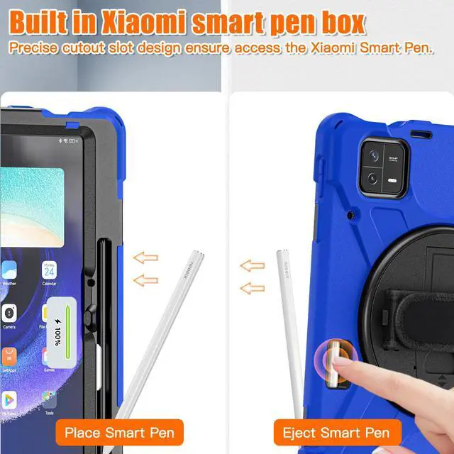 Alt view image 5 of 7 - Protective Case for Xiaomi Mi Pad 6 / 6 Pro 11 Inch 2023 with Stylus Holder & Kickstand, Portable Heavy Duty Hybrid ShockProof Cover with 360° Rotatable Handle, Shoulder Strap, Stylus Pen Blue