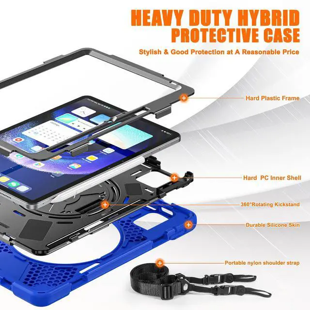 Alt view image 7 of 7 - Protective Case for Xiaomi Mi Pad 6 / 6 Pro 11 Inch 2023 with Stylus Holder & Kickstand, Portable Heavy Duty Hybrid ShockProof Cover with 360° Rotatable Handle, Shoulder Strap, Stylus Pen Blue