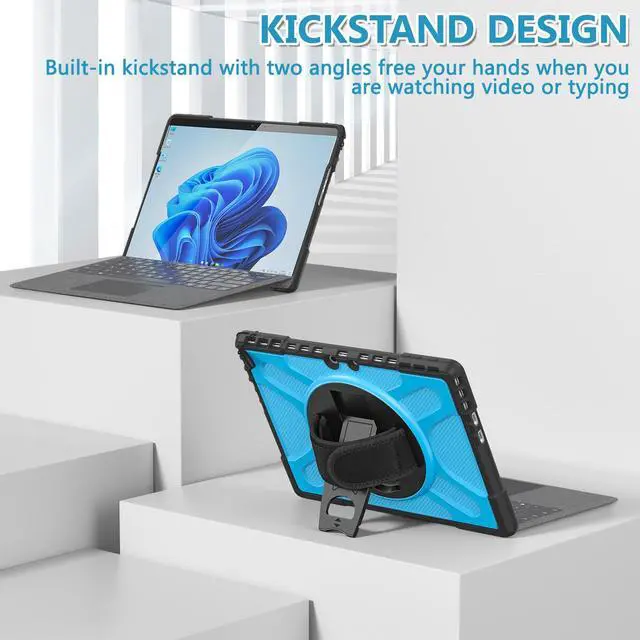 Alt view image 2 of 7 - Microsoft Surface Pro 9 Case 13 inch 2022, Rugged Case for Surface Pro 9 with Kickstand and Hand Strap Heavy Duty Shockproof, Compatible with Type Cover Keyboard, Universal Stylus Pen Blue