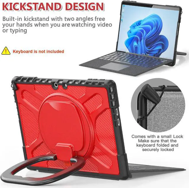 Alt view image 5 of 7 - Protective Case for Microsoft Surface Pro 9 13 inch 2022, Heavy Duty Shockproof Cover with Kickstand, Universal Stylus Pen and Hand Strap, Compatible with Type Cover Keyboard Red
