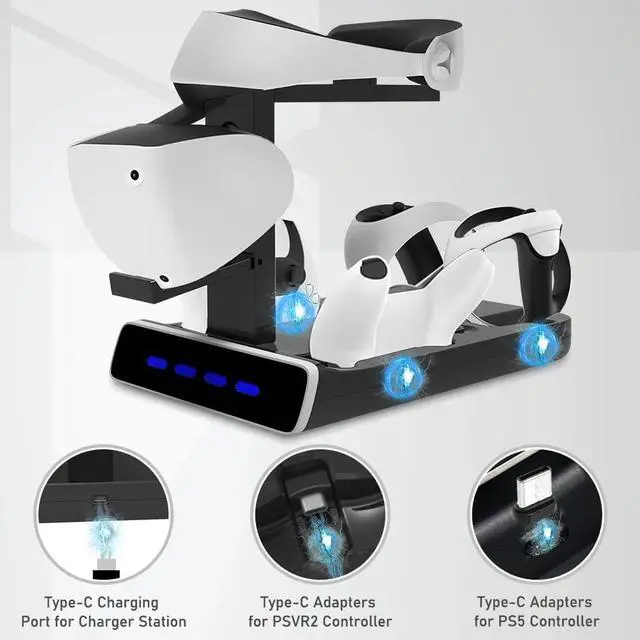 Alt view image 3 of 7 - 5-in-1 PSVR2 Charging Station Stand for Playstation VR2 and PS5 Controller Charging Dock Station with VR Headset Display Stand, 4 Controller Charger Station and LED Indicators