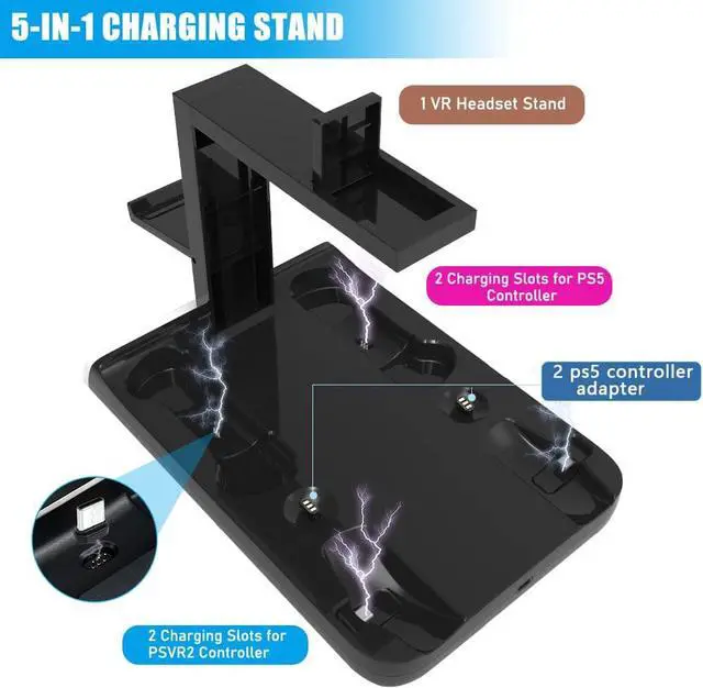 Alt view image 2 of 7 - 5-in-1 PSVR2 Charging Station Stand for Playstation VR2 and PS5 Controller Charging Dock Station with VR Headset Display Stand, 4 Controller Charger Station and LED Indicators