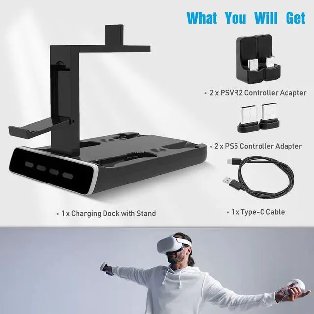 Alt view image 7 of 7 - 5-in-1 PSVR2 Charging Station Stand for Playstation VR2 and PS5 Controller Charging Dock Station with VR Headset Display Stand, 4 Controller Charger Station and LED Indicators