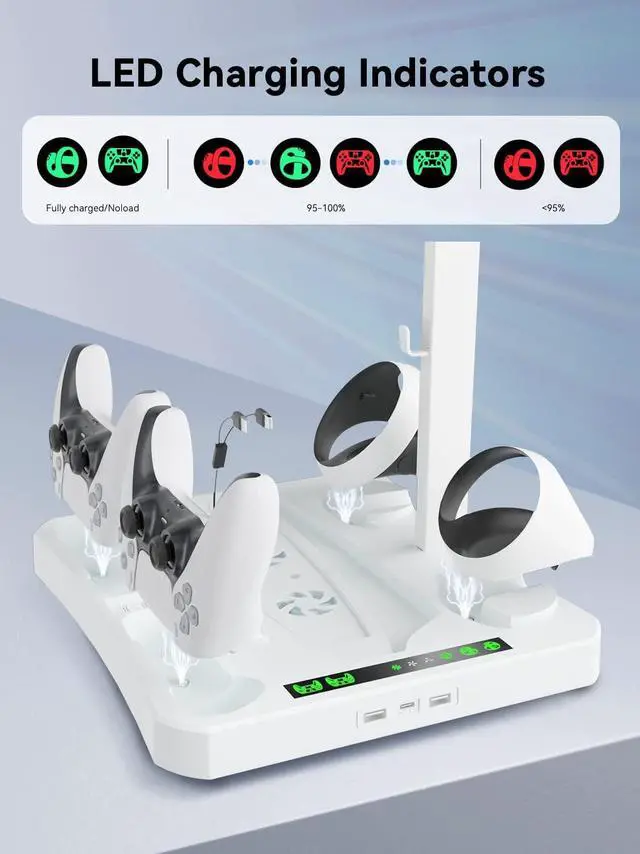 Alt view image 3 of 7 - Magnetic Charging Station Dock for Controllers of PSVR 2 & PS5, Storage Stand for PS5 Console with Dual Cooling Fan, Silicone Lens Protective Cover, Mount Holder for PS VR2 Headset and Game Slot
