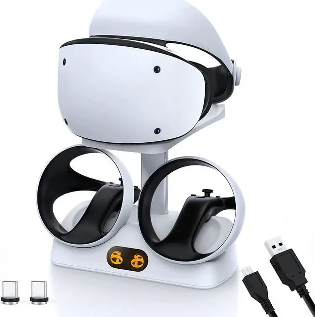 Main image of Controller Charging Station for PSVR2, Dual Fast Charger Dock with LED Light, Headset Display Stand and Controller Mount, Magnetic Connector, USB to Type-C Cable, White