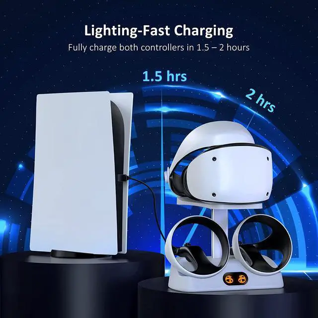 Alt view image 2 of 7 - Controller Charging Station for PSVR2, Dual Fast Charger Dock with LED Light, Headset Display Stand and Controller Mount, Magnetic Connector, USB to Type-C Cable, White