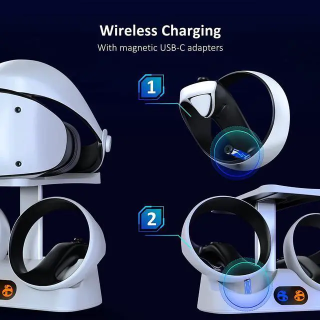Alt view image 4 of 7 - Controller Charging Station for PSVR2, Dual Fast Charger Dock with LED Light, Headset Display Stand and Controller Mount, Magnetic Connector, USB to Type-C Cable, White