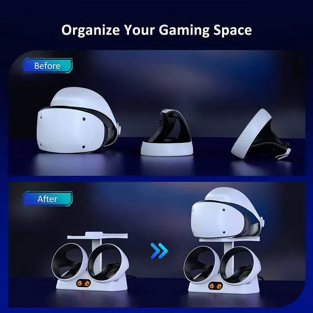 Alt view image 5 of 7 - Controller Charging Station for PSVR2, Dual Fast Charger Dock with LED Light, Headset Display Stand and Controller Mount, Magnetic Connector, USB to Type-C Cable, White