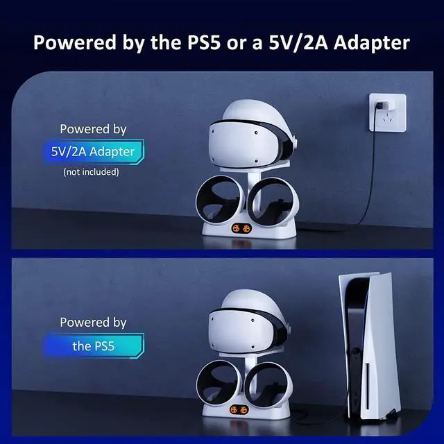 Alt view image 6 of 7 - Controller Charging Station for PSVR2, Dual Fast Charger Dock with LED Light, Headset Display Stand and Controller Mount, Magnetic Connector, USB to Type-C Cable, White
