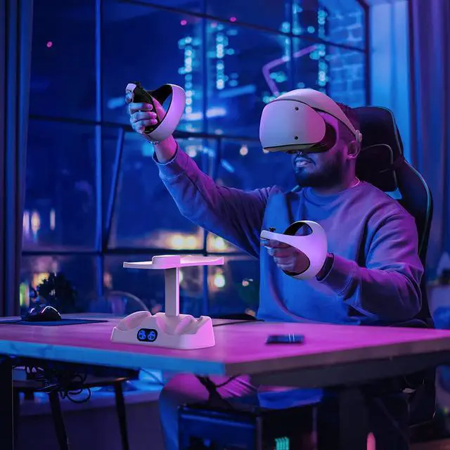 Alt view image 7 of 7 - Controller Charging Station for PSVR2, Dual Fast Charger Dock with LED Light, Headset Display Stand and Controller Mount, Magnetic Connector, USB to Type-C Cable, White
