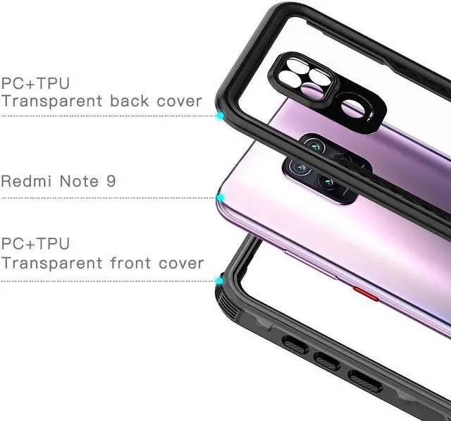 Alt view image 5 of 7 - Waterproof Case for Xiaomi Redmi Note 9, IP68 Waterproof 360 Degree Full Body Protection Case Shockproof Snowproof Dustproof Heavy Duty Cover Case Built-in Screen Protector
