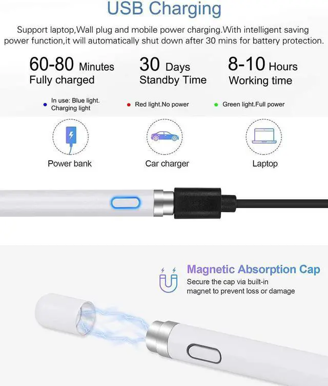 Alt view image 5 of 7 - Active Stylus Pen Compatible for iOS / Android Touch Screens, Pencil with Dual Touch Function, Rechargeable Stylus for iPad/iPad Pro/Air/Mini/iPhone/Cellphone/Samsung/Tablet Drawing&Writing