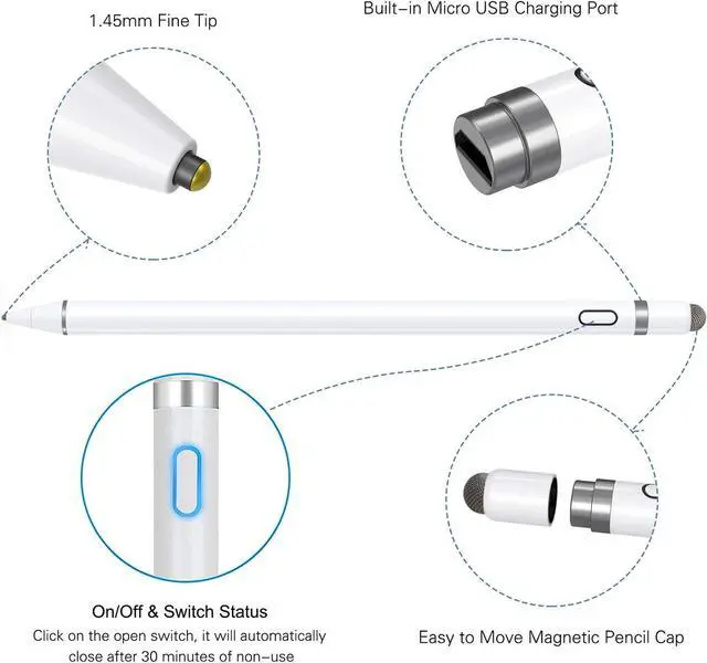 Alt view image 3 of 7 - Active Stylus Pen Compatible for iOS / Android Touch Screens, Pencil with Dual Touch Function, Rechargeable Stylus for iPad/iPad Pro/Air/Mini/iPhone/Cellphone/Samsung/Tablet Drawing&Writing