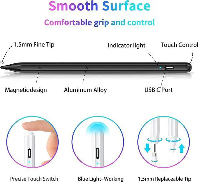 Alt view image 3 of 6 - Stylus Pen, Active Stylus Pen Compatible for iOS and Android Touchscreens/Phones, Rechargeable Stylus Pen with Dual Touch Screen, Stylus Pencil for Apple iPad/iPhone/Android/Samsung Tablet Black