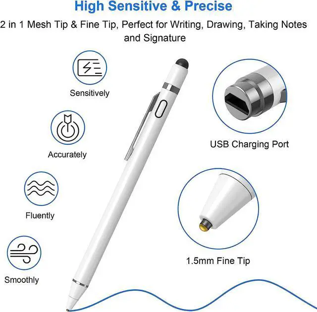 Alt view image 6 of 7 - Stylus Pens for Touch Screens, Universal Fine Point Stylus for iPad, iPhone, Samsung, iOS/Android Smart Phone and Other Tablets, Active Stylus Stylist Pen Pencil for Precise Writing/Drawing White