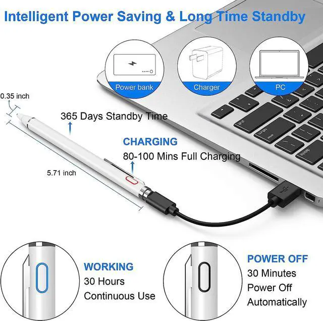 Alt view image 5 of 7 - Stylus Pens for Touch Screens, Universal Fine Point Stylus for iPad, iPhone, Samsung, iOS/Android Smart Phone and Other Tablets, Active Stylus Stylist Pen Pencil for Precise Writing/Drawing White
