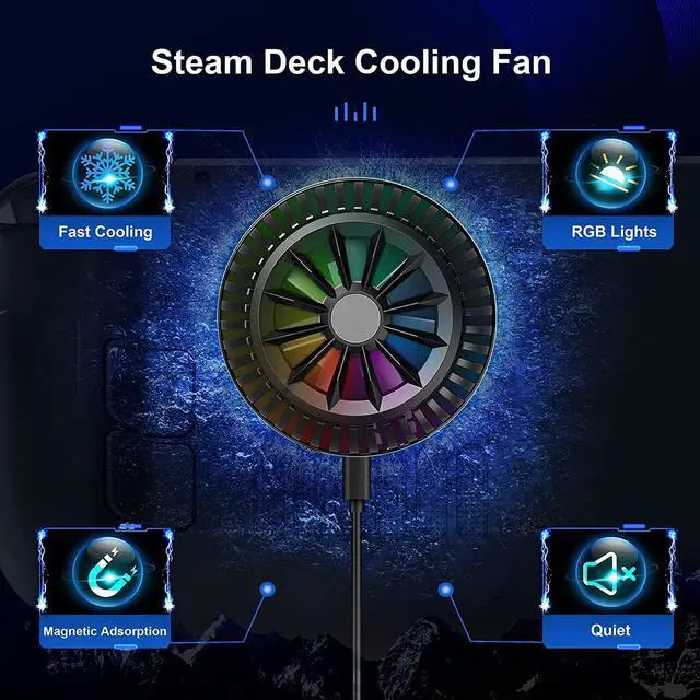 Alt view image 2 of 7 - Steam Deck Fan, Semiconductor Cooler for Steam Deck with 7-Blade Fan and RGB Colourful Light, 3 Seconds Fast Cooling Magnetic Fan Cooler for Steam Deck, Switch, Tablet, Cellphones