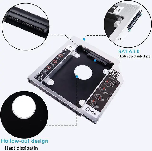 Alt view image 5 of 7 - SATA 2nd SSD HDD Hard Drive Caddy Adapter Tray Enclosures, Universal 12.7mm 2.5'' SATA-III Laptop Hard Disk Holder for CD/DVD-ROM Optical SuperDrive Tray Drive Slot Aluminum Case