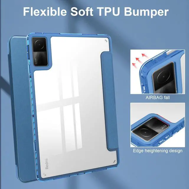 Alt view image 6 of 7 - Protective Case for Xiaomi Redmi Pad 10.61 inch 2022 with S Pen Holder, Transparent Hard Shell Back Trifold Smart Stand Cover with universal stylus Pen Dark Green Blue