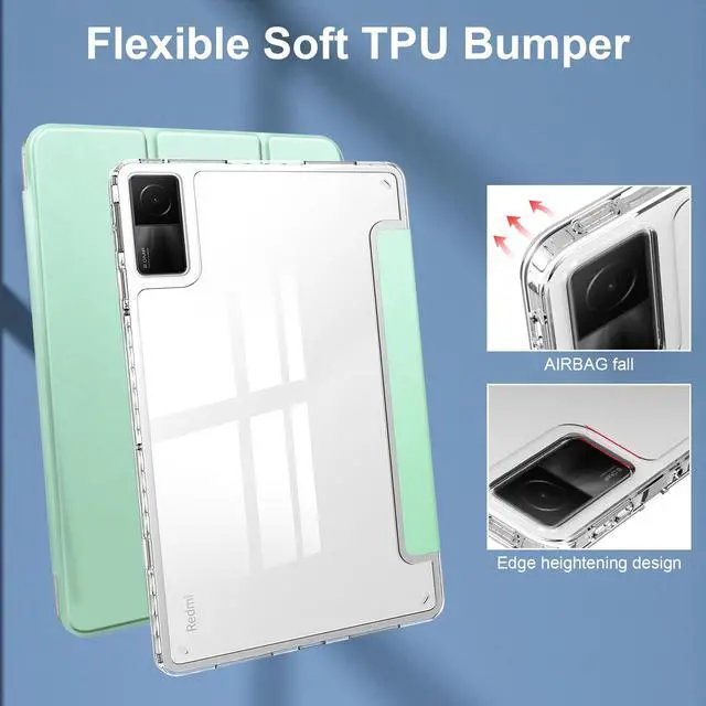 Alt view image 6 of 7 - Protective Case for Xiaomi Redmi Pad 10.61 inch 2022 with S Pen Holder, Transparent Hard Shell Back Trifold Smart Stand Cover with universal stylus Pen Dark Green Mint Green