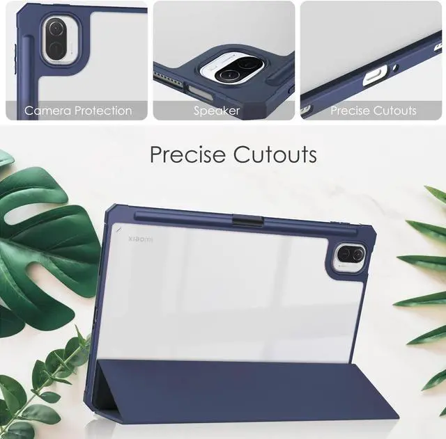 Alt view image 3 of 7 - Case For Xiaomi Pad 5 / Pad 5 Pro 11 Inch, Transparent Hard Back Cover Trifold Smart Stand Cover with Pen Holder, Stylus Pen, Auto Wake/Sleep Blue