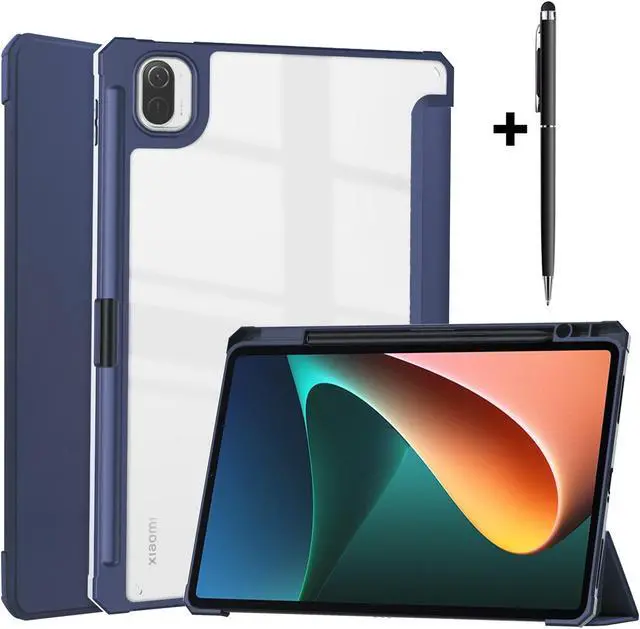 Main image of Case For Xiaomi Pad 5 / Pad 5 Pro 11 Inch, Transparent Hard Back Cover Trifold Smart Stand Cover with Pen Holder, Stylus Pen, Auto Wake/Sleep Blue