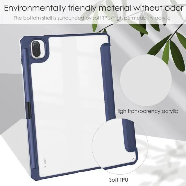 Alt view image 7 of 7 - Case For Xiaomi Pad 5 / Pad 5 Pro 11 Inch, Transparent Hard Back Cover Trifold Smart Stand Cover with Pen Holder, Stylus Pen, Auto Wake/Sleep Blue