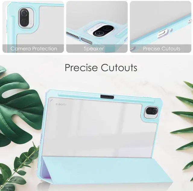 Alt view image 4 of 7 - Case For Xiaomi Pad 5 / Pad 5 Pro 11 Inch, Transparent Hard Back Cover Trifold Smart Stand Cover with Pen Holder, Stylus Pen, Auto Wake/Sleep Sky Blue
