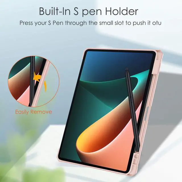 Alt view image 6 of 7 - Case For Xiaomi Pad 5 / Pad 5 Pro 11 Inch, Transparent Hard Back Cover Trifold Smart Stand Cover with Pen Holder, Stylus Pen, Auto Wake/Sleep Rose Gold